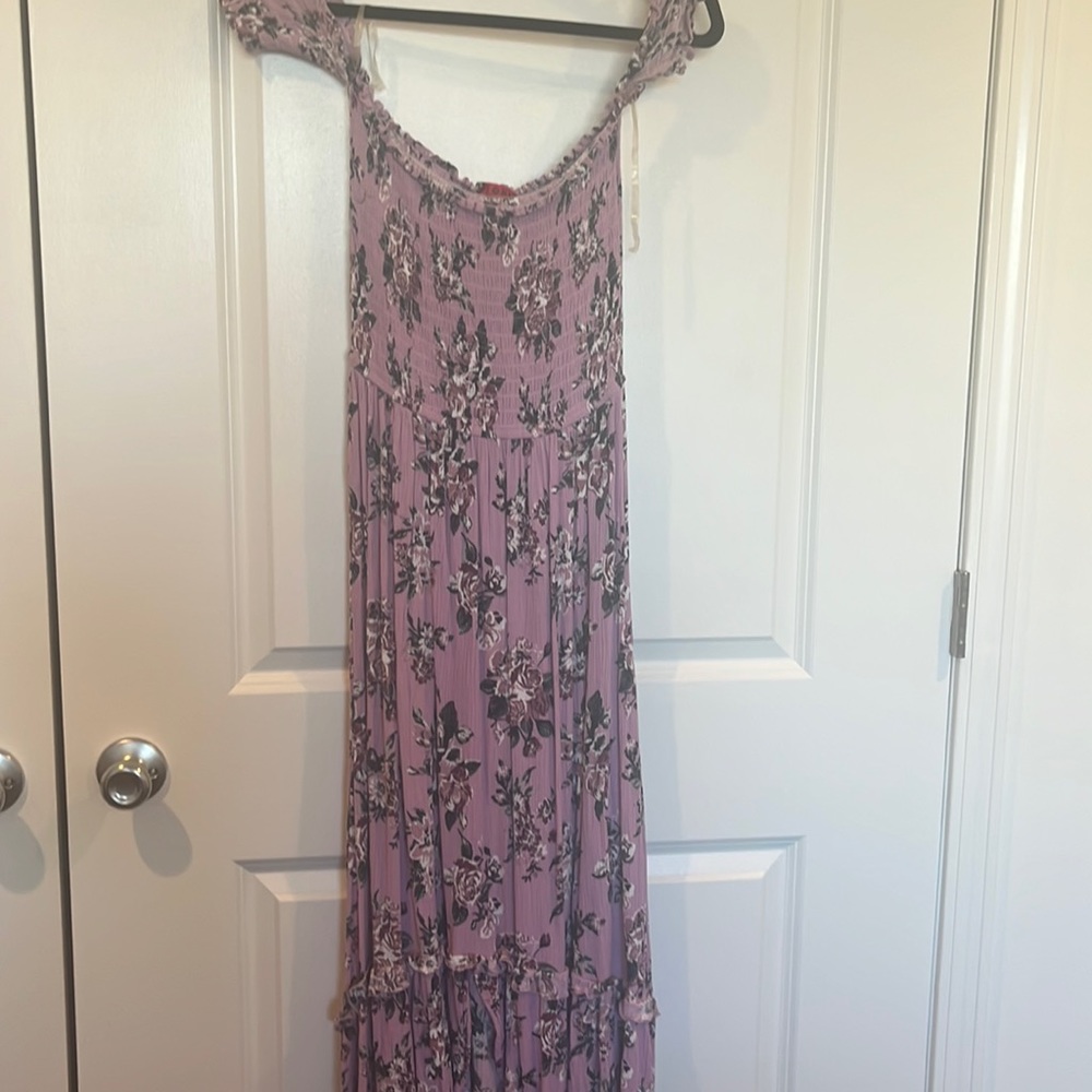 Purple floral ruched off the shoulder maxi dress